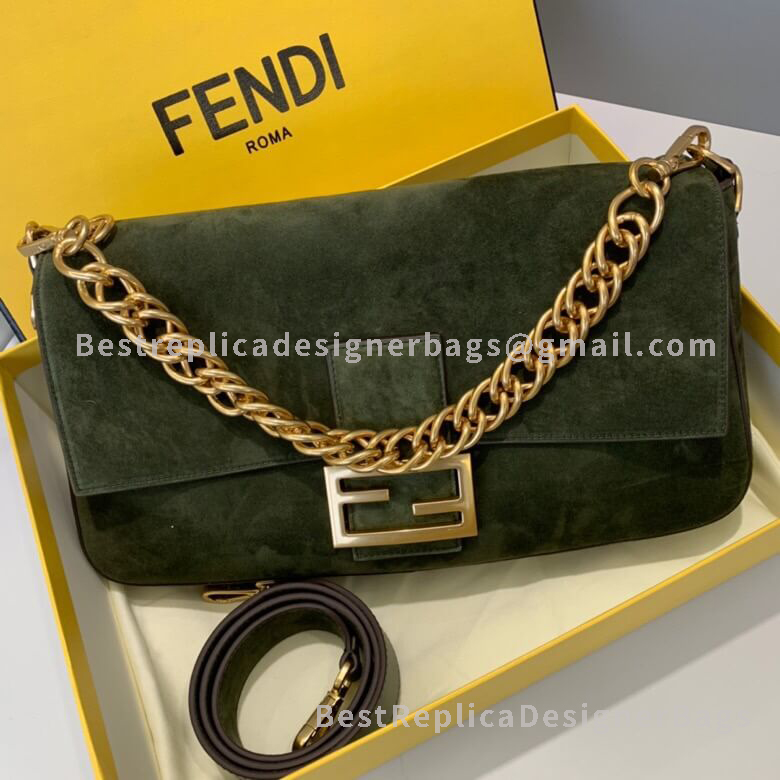 Fendi Baguette Large Green Velvet Bag GHW 308L